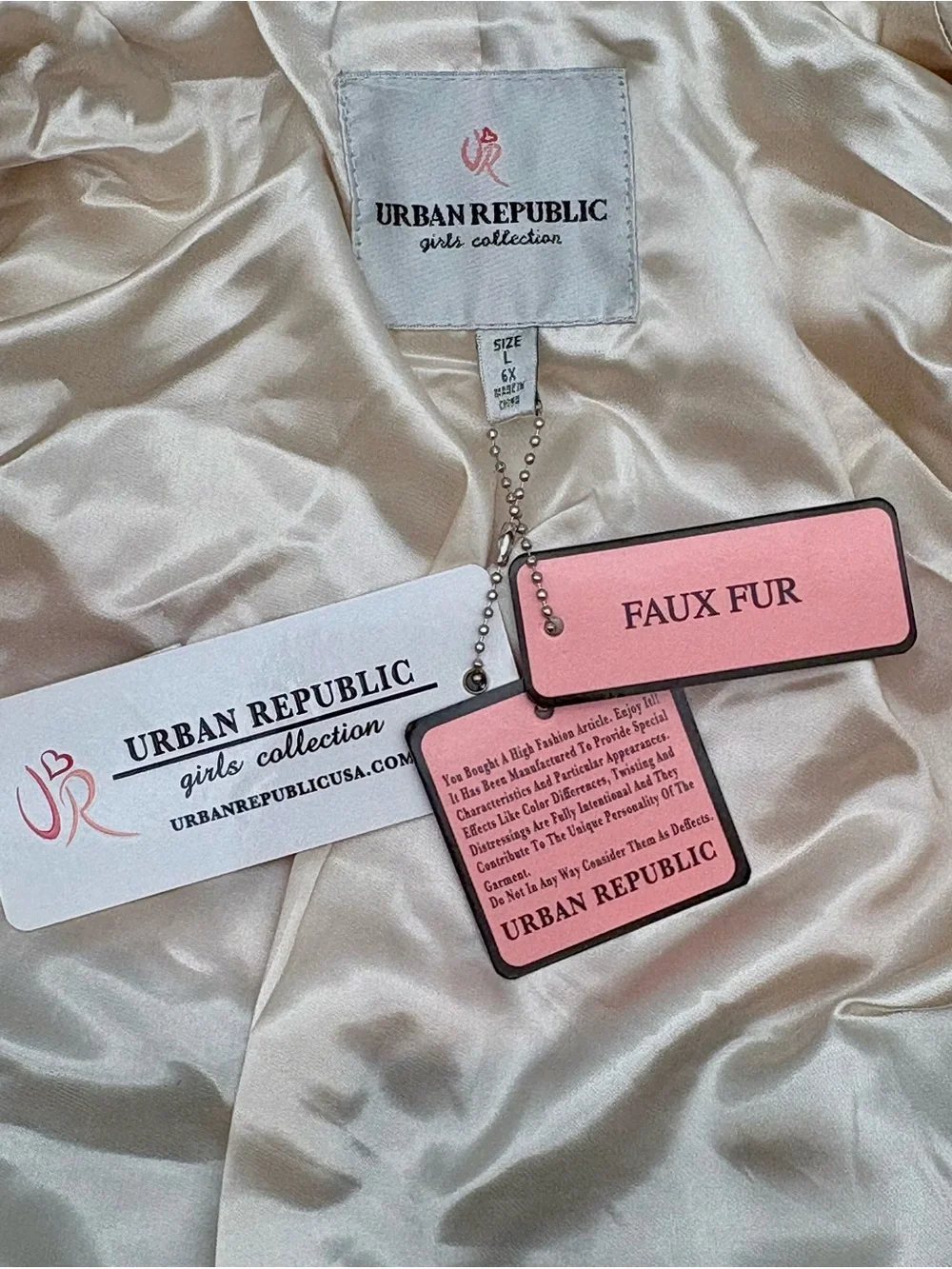 NWT Urban Republic Girls Faux Fur Colorblock Bomber Jacket Pink Cream Black 6X